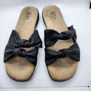 Life Stride Eden Stylish Black Bow Slide‎ Sandals Faux Leather Sz 8.5